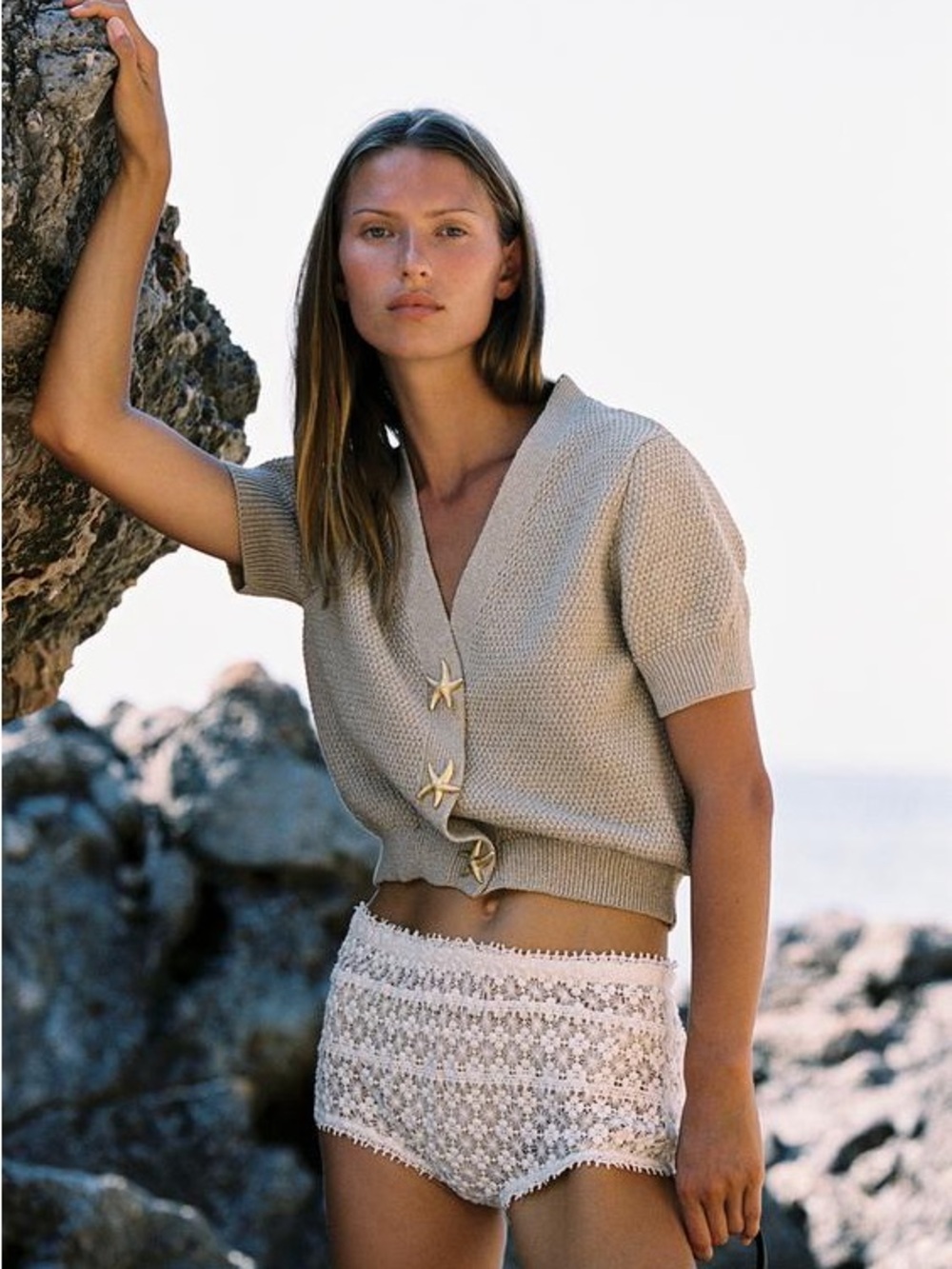 Zara Beige Knit Short Sleeve Cardigan with Shell Buttons Size Medium